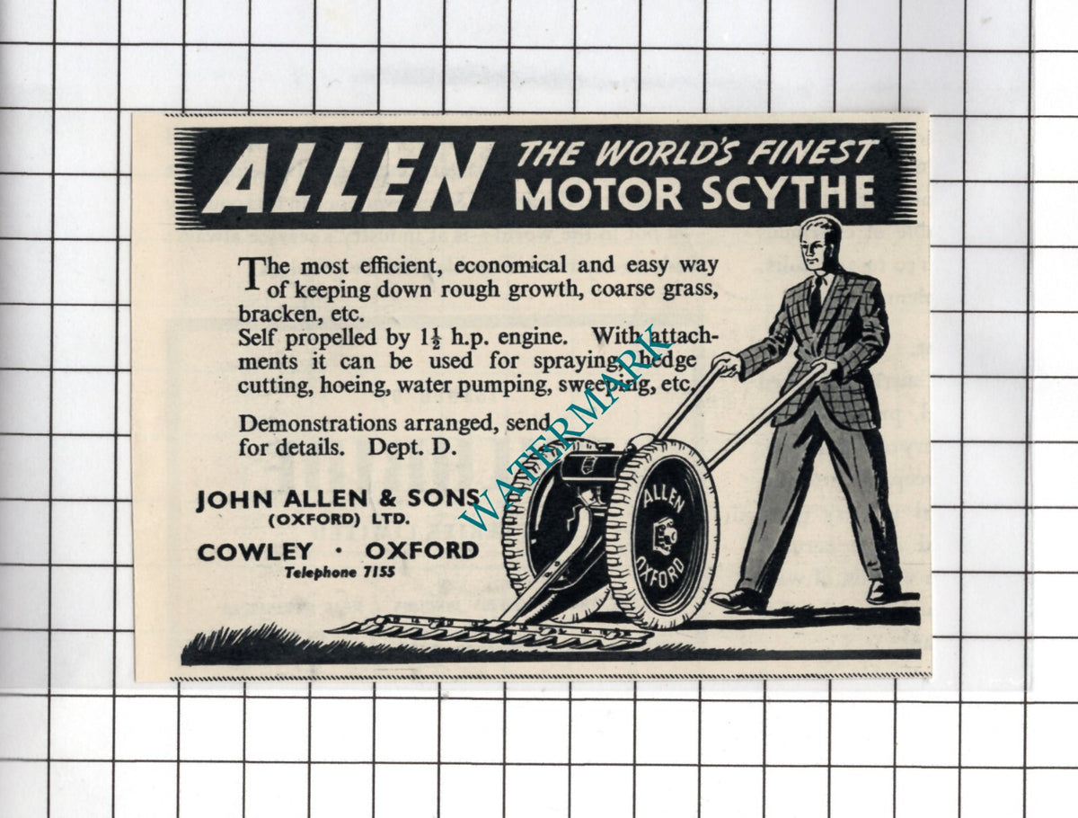 John Allen & Sons Oxford Ltd Allen Motor Scythe ADVERT - 1950 SMALL Cutting