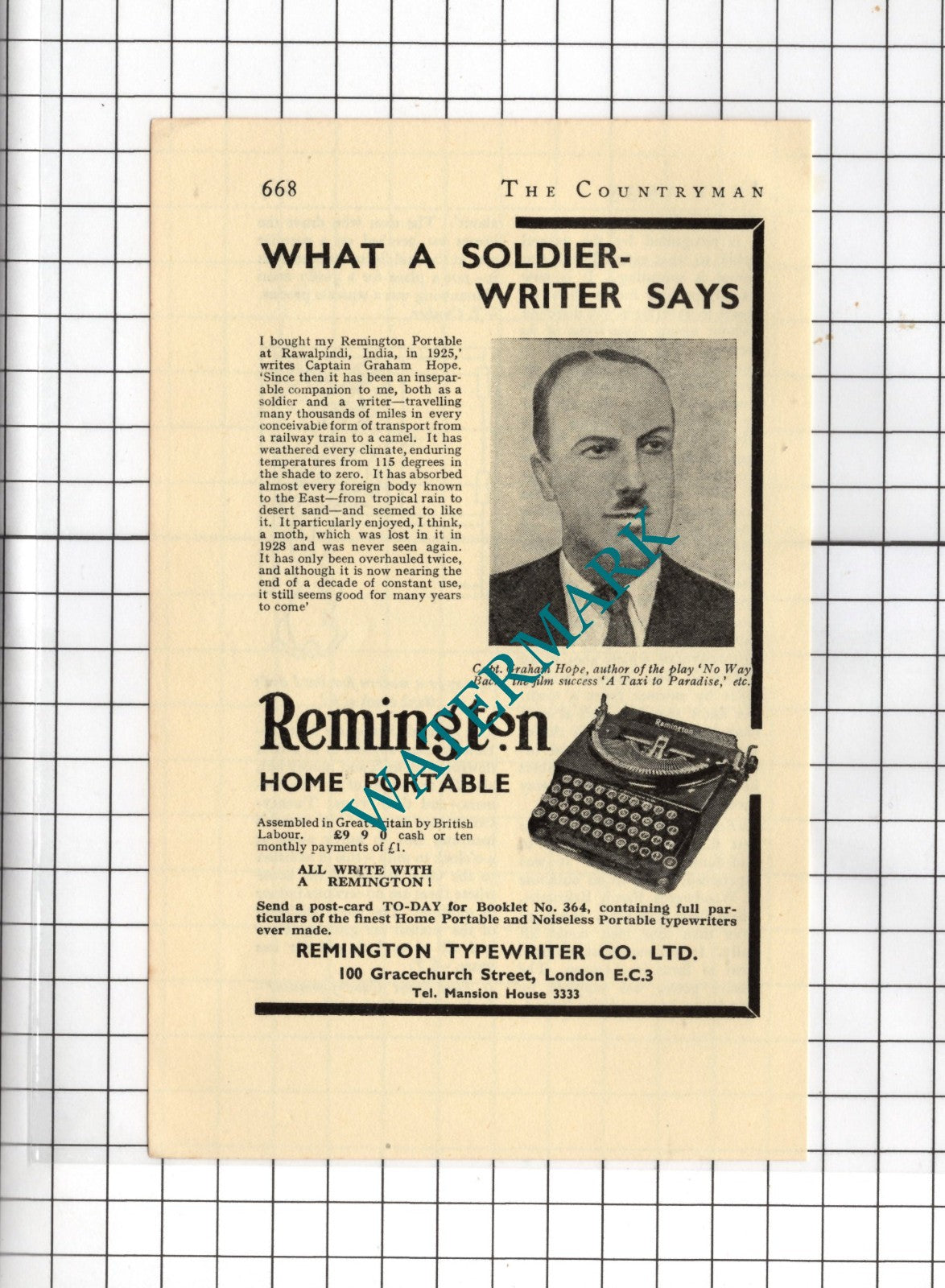 Captain Graham Hope Author Remington Typewriter - 1935 Small Advert