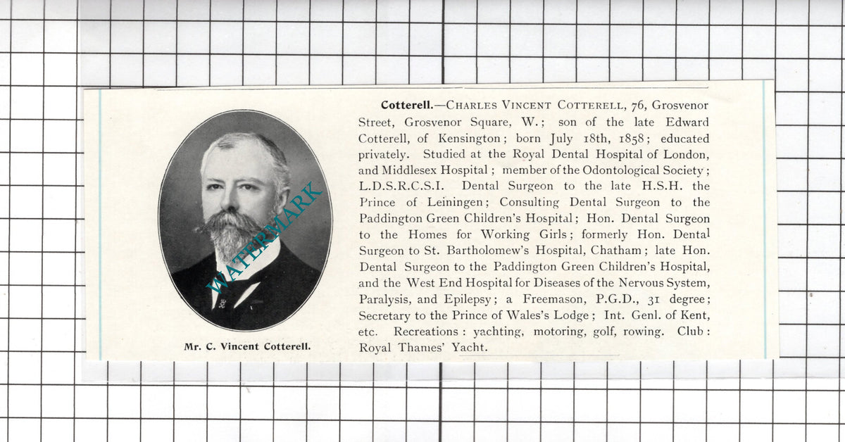 Mr Charles Vincent Cotterell London Dental Surgeon - c.1910 Cutting