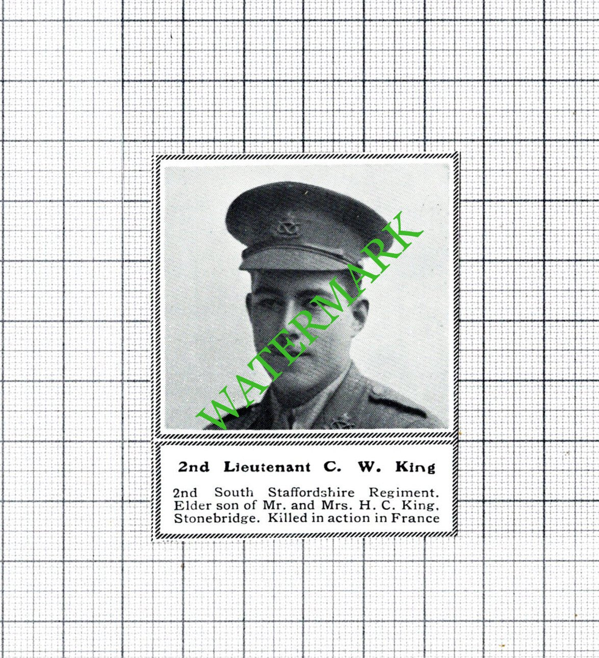 2nd Lt CW King 2nd South Staffordshire World War One WW1 - c.1918 SMALL Cutting