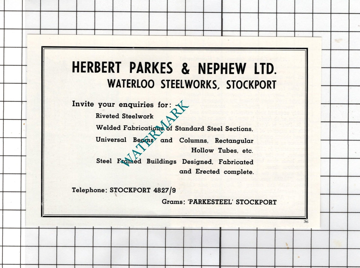 Herbert Parkes & Nephew Ltd Waterloo Steelworks Stockport - c.1962 Small Advert