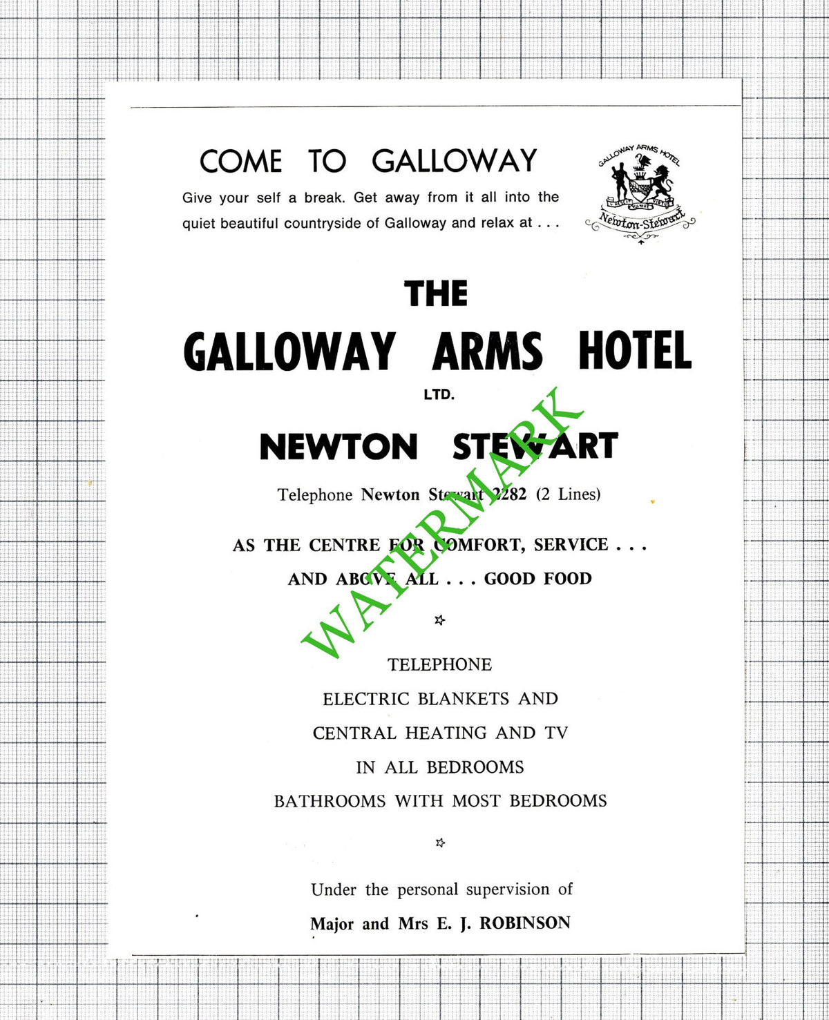 The Galloway Arms Hotel Newton Stewart Mr E J Robinson Advert - c.1975 Cutting