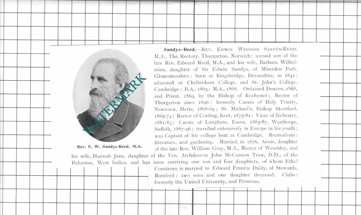 Rev Edwin Windsor Sandys-Reed Thurgarton Norwich - 1911 Clipping