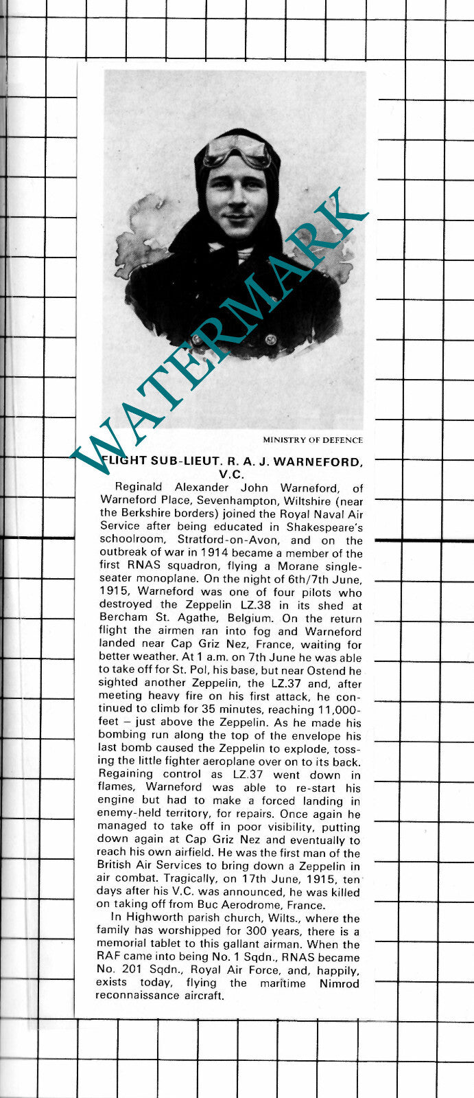 Flight Sub Lt Reginald Alexander John Warneford Sevenhampton - 1976 Clipping