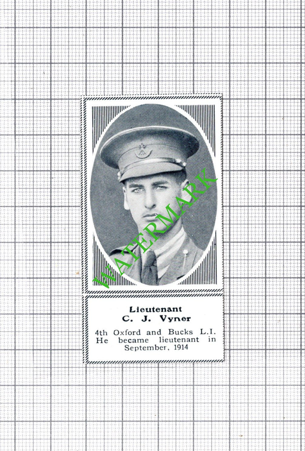 Lt C J Vyner 4th Oxford and Bucks Light Infantry WW1 - c.1918 SMALL Cutting