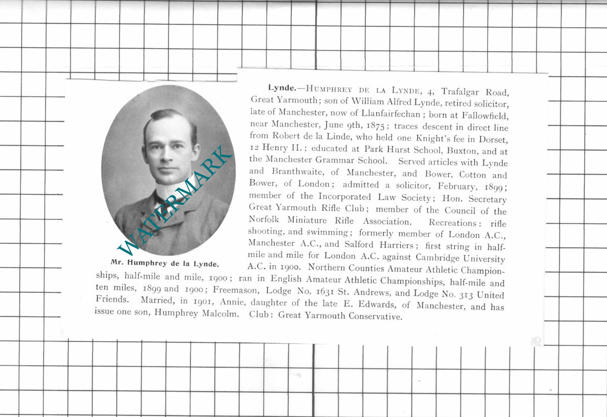 Mr Humphrey De La Lynde Great Yarmouth Norfolk - 1911 Clipping
