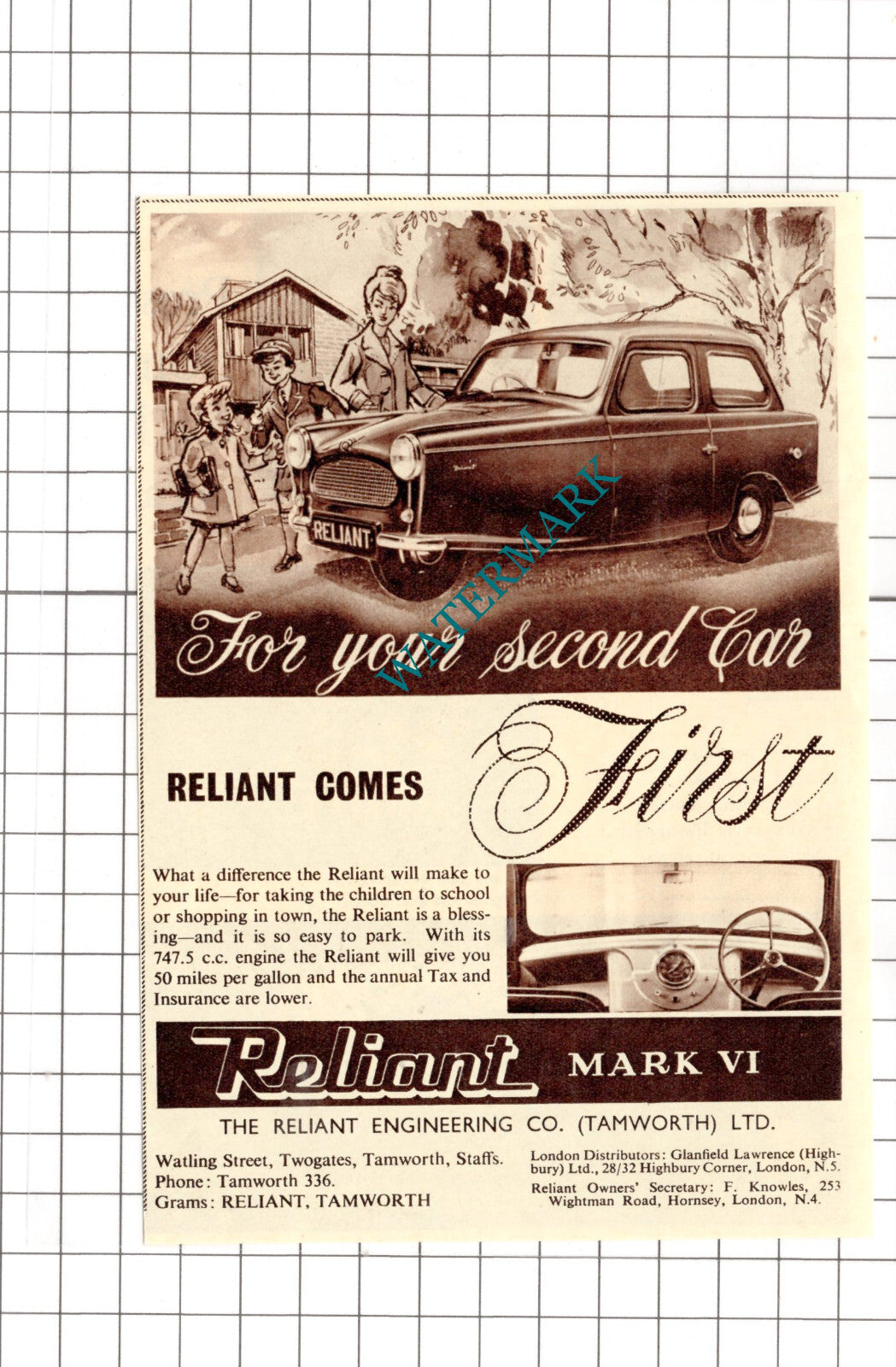 Reliant Car Advert - 1961 Small Cutting