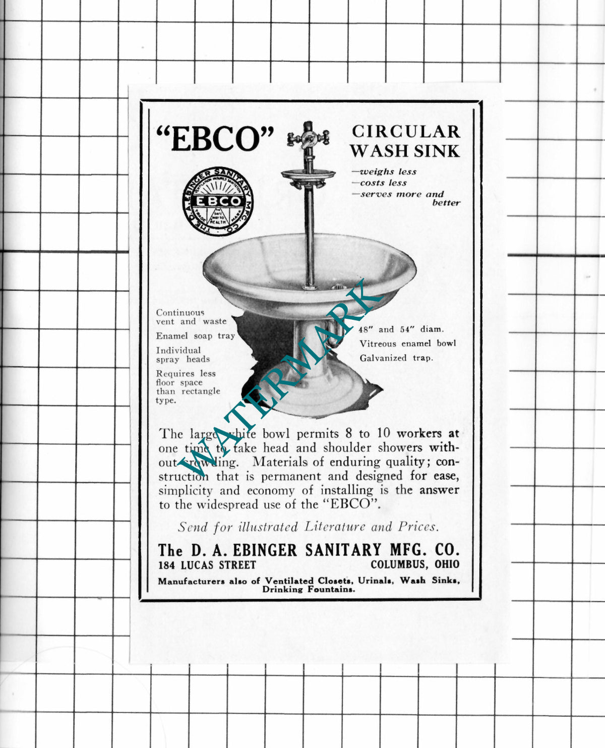 The D A Ebinger Sanitary Mfg Co EBCO Small Advert - 1926 Clipping / Print