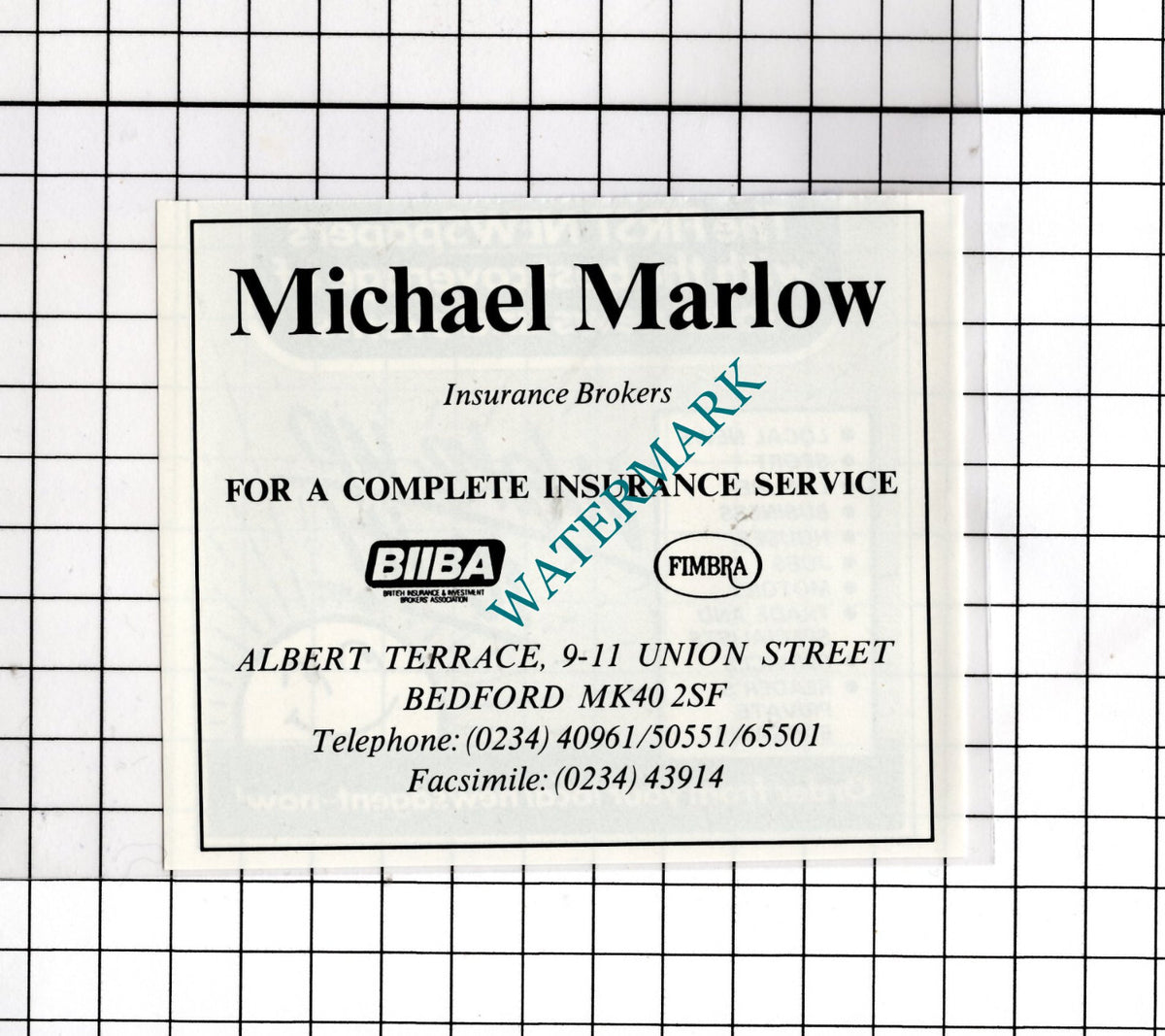 Michael Marlow Insurance Brokers Bedford Bedfordshire - 1989 Small Advert
