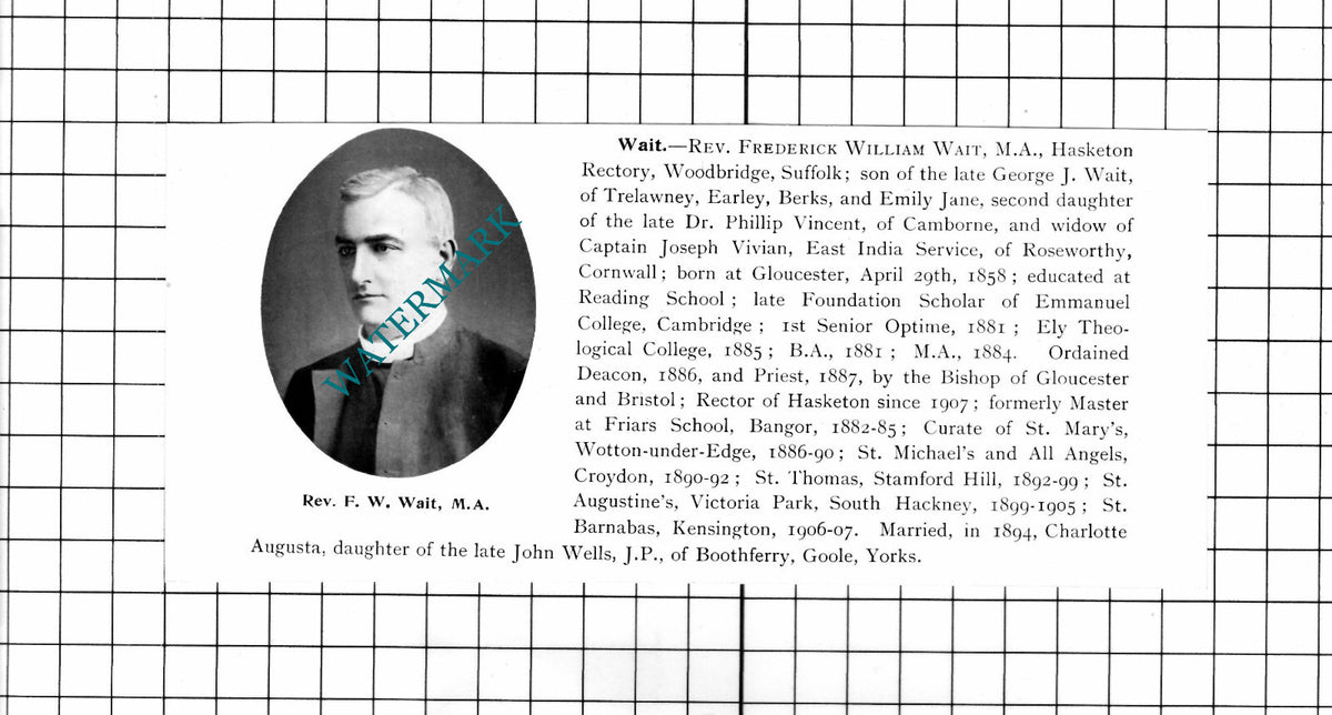 Rev Frederick William Wait Hasketon Rectory Woodbridge Suffolk - 1911 Cutting