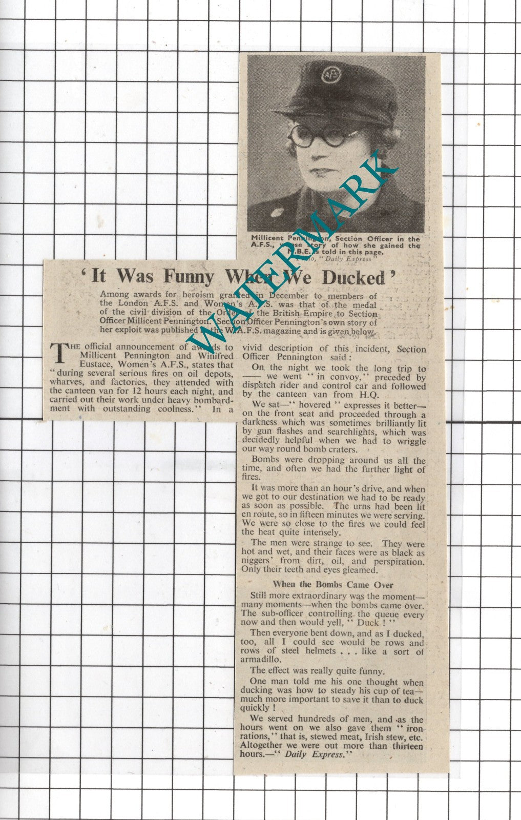 Section Officer Millicent Pennington Women's AFS WW2 - 1941 News Clipping