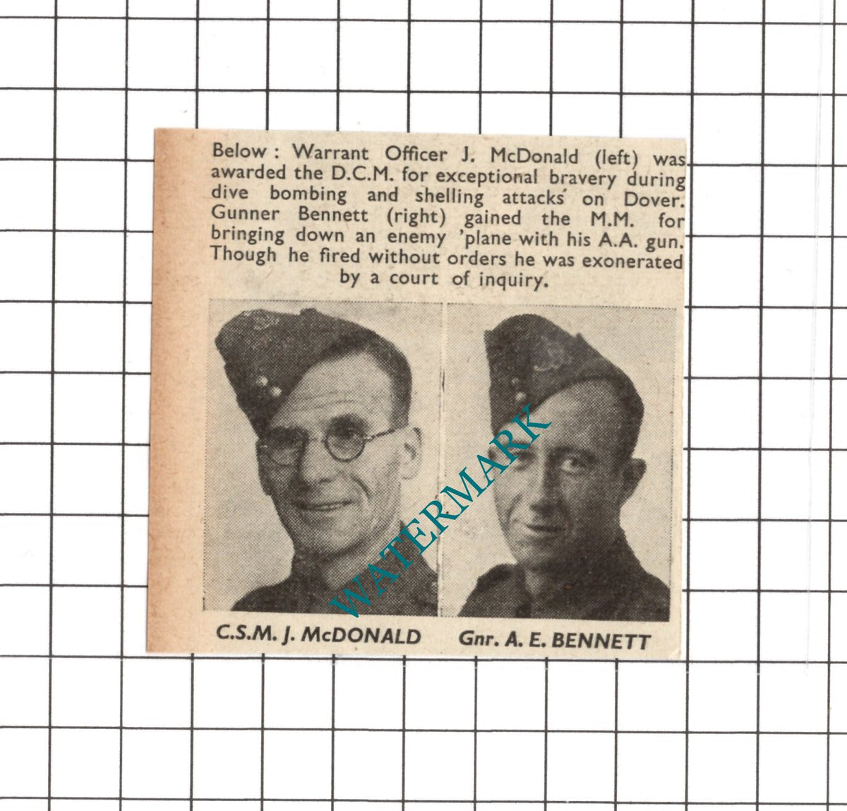 CSM J McDonald Dover Gunner AE Bennett WW2 - 1941 SMALL Clipping