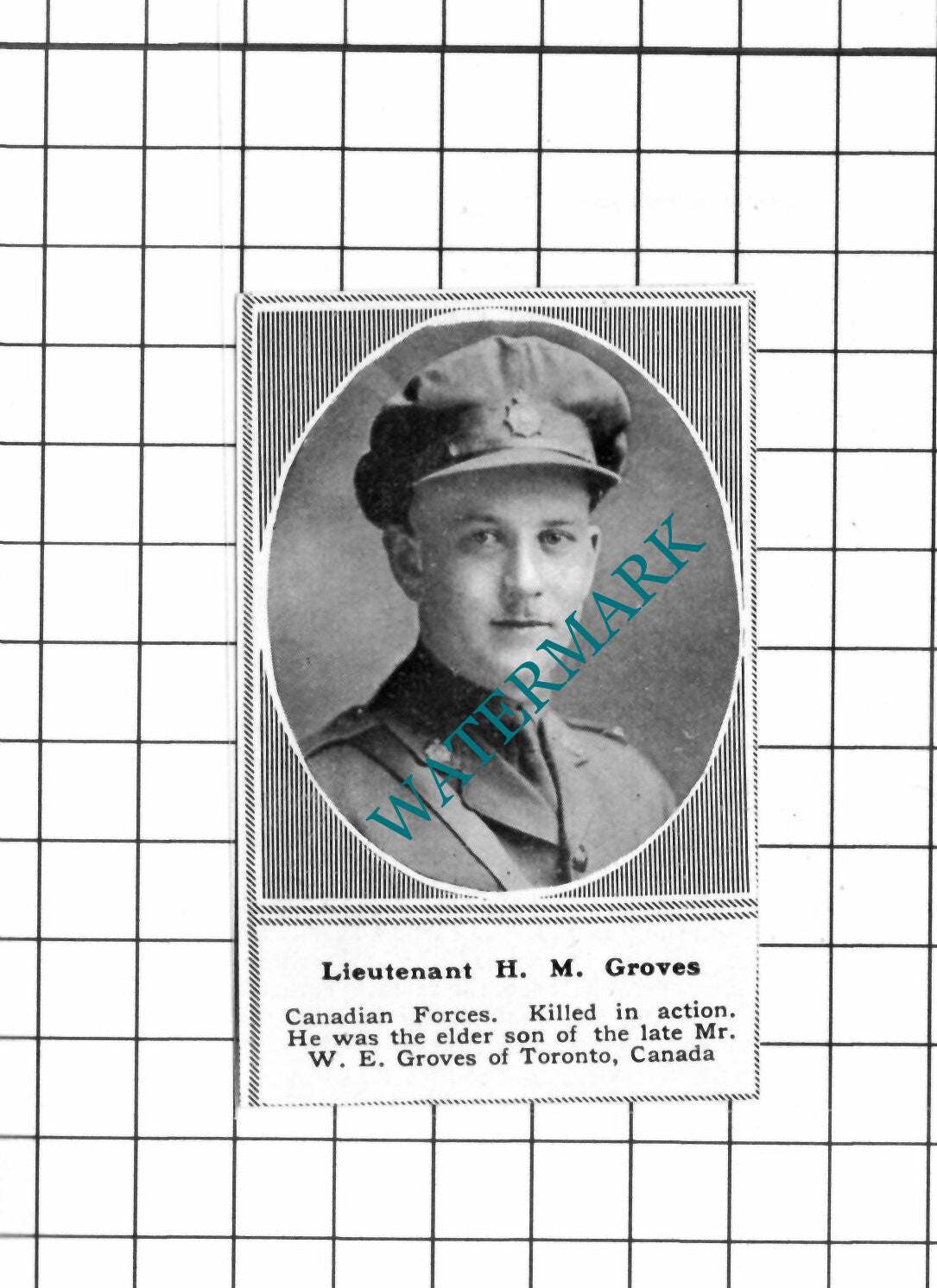 Lt H M Groves Canadian Forces Toronto WW1 - c.1918 SMALL Clipping / Print
