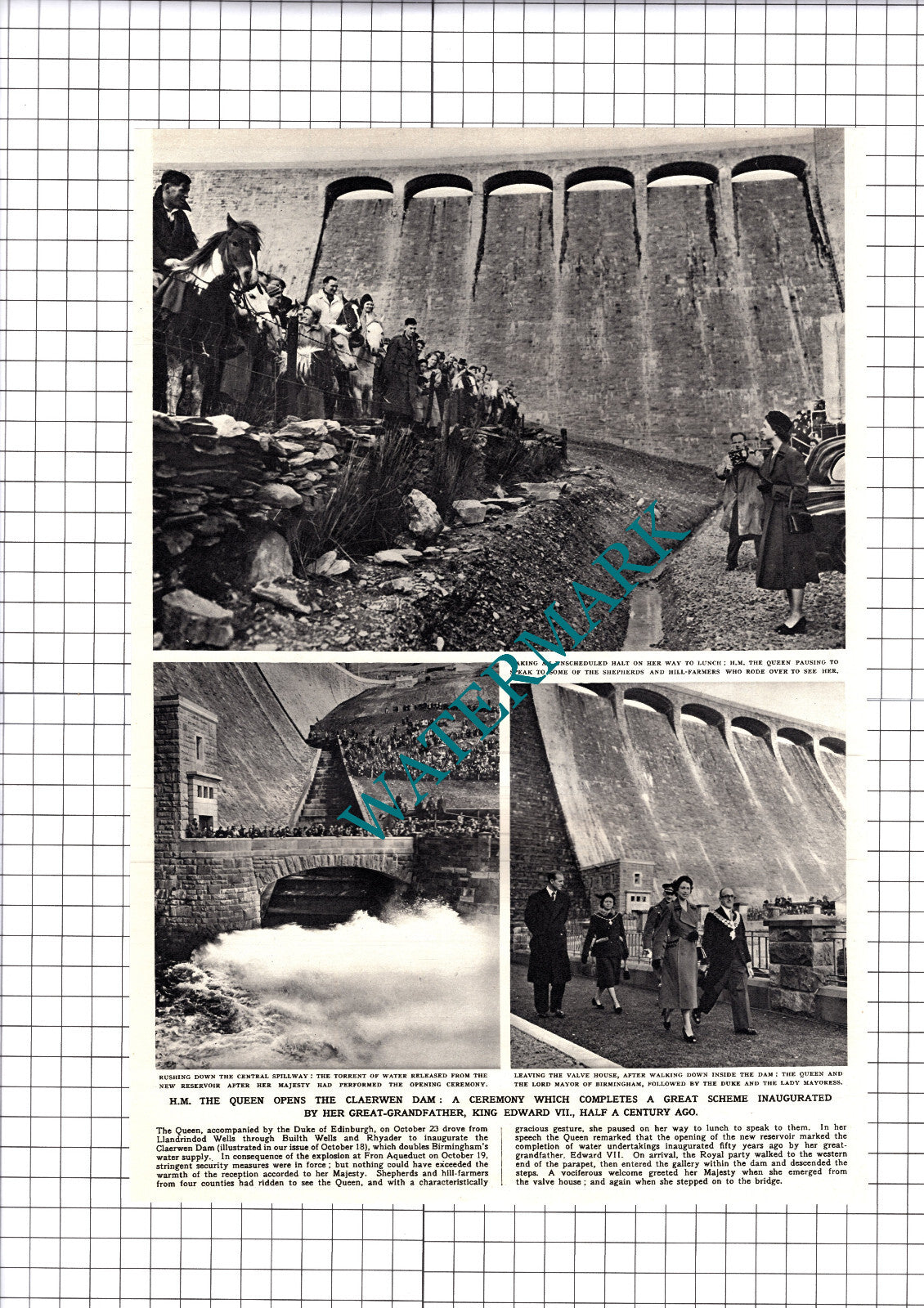 Claerwen Dam Opened By Queen - 1952 Cutting / Print