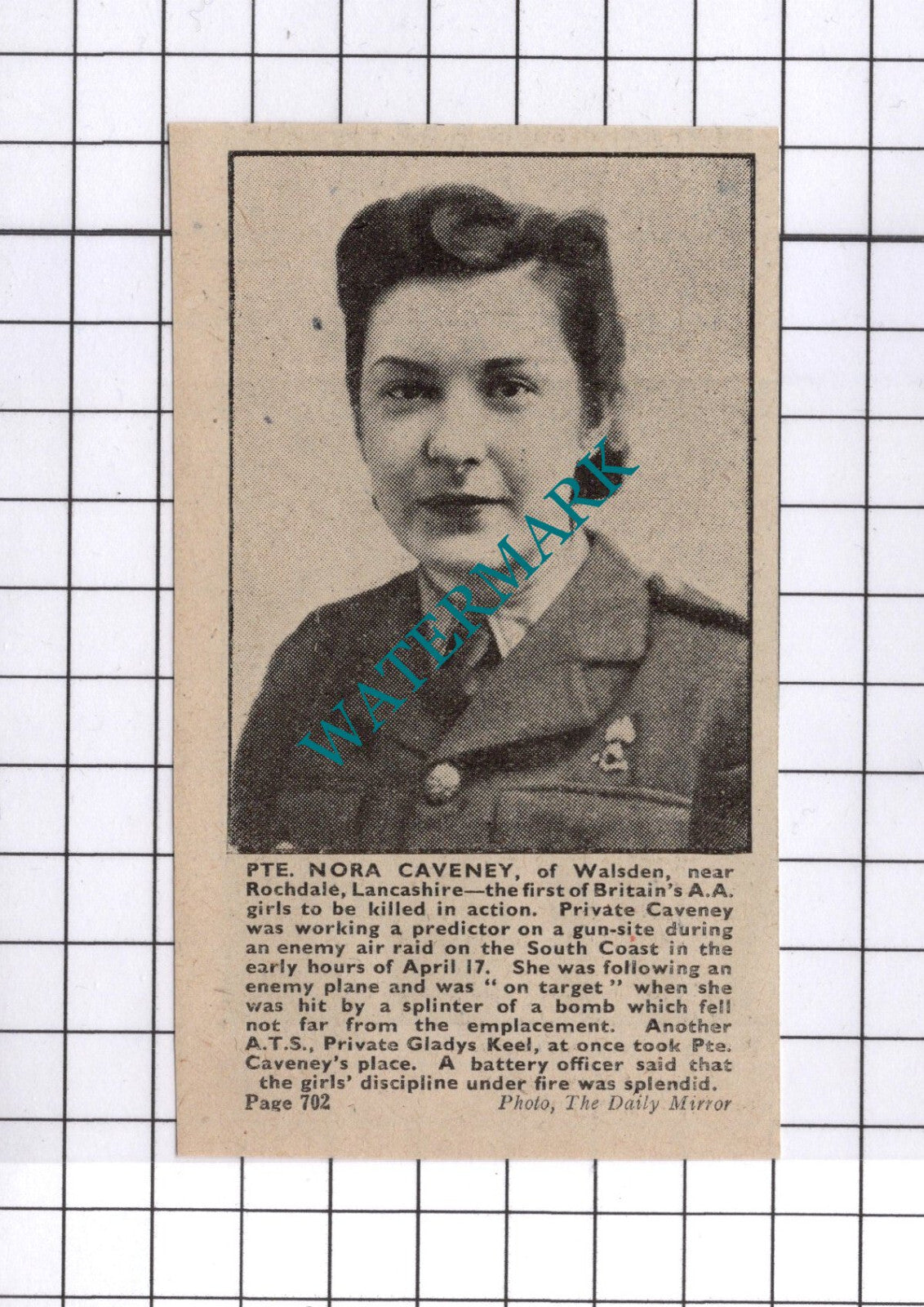 Pte Nora Caveney Walsden Lancashire World War Two WW2 - 1942 Small Clipping