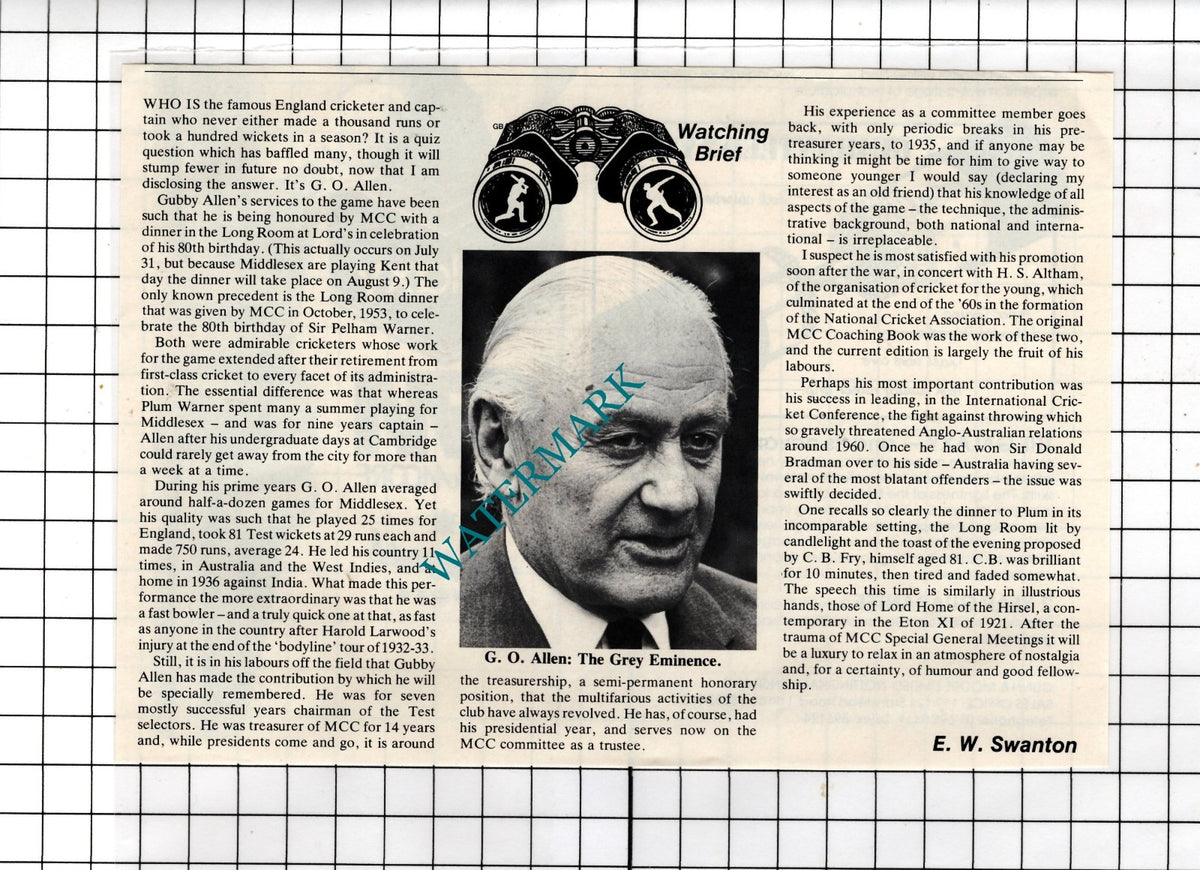 G O Allen Gubby Allen English Cricketer - 1982 Clipping