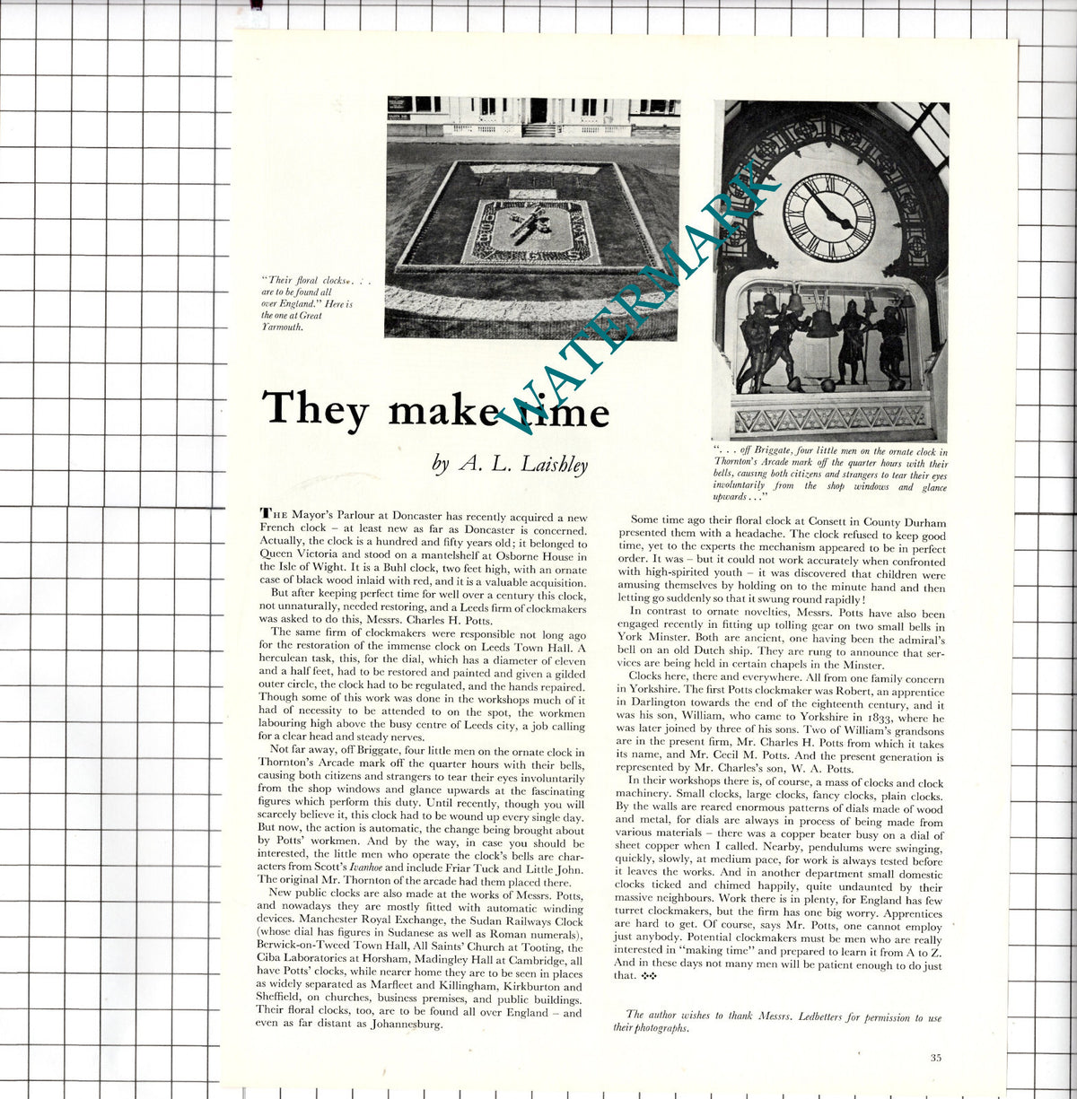 Messrs Charles H Potts Clockmakers Leeds Yorkshire A L Laishley - 1957 Article