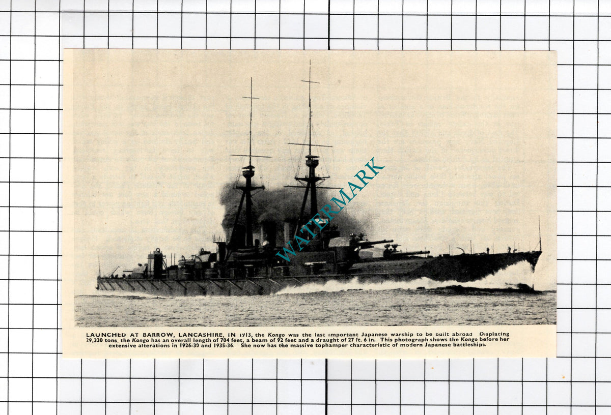 Japanese Warship KONGO Ship - c.1940s Small Cutting