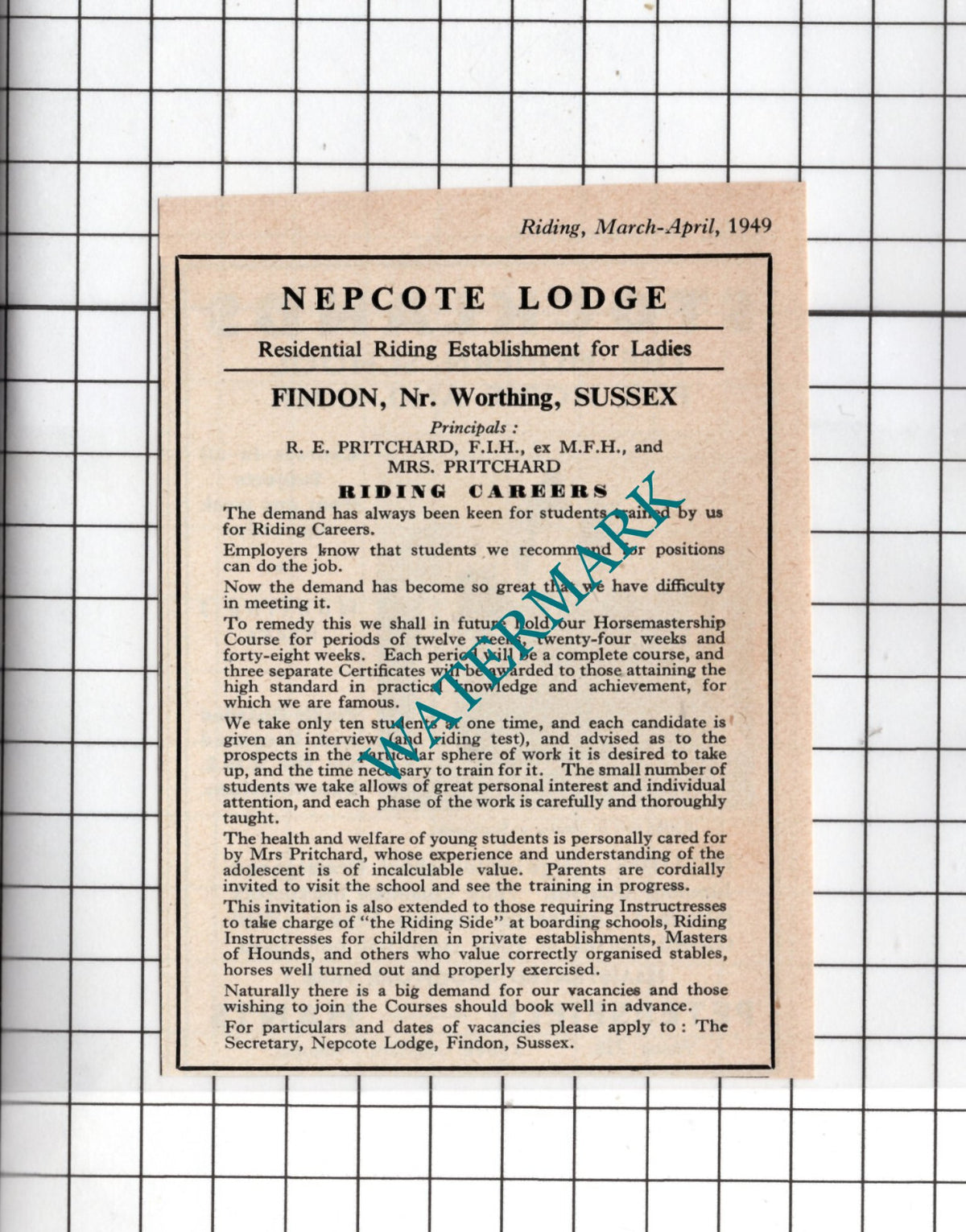 Nepcote Lodge Findon Sussex Pritchard Riding ADVERT - 1949 Small Clipping