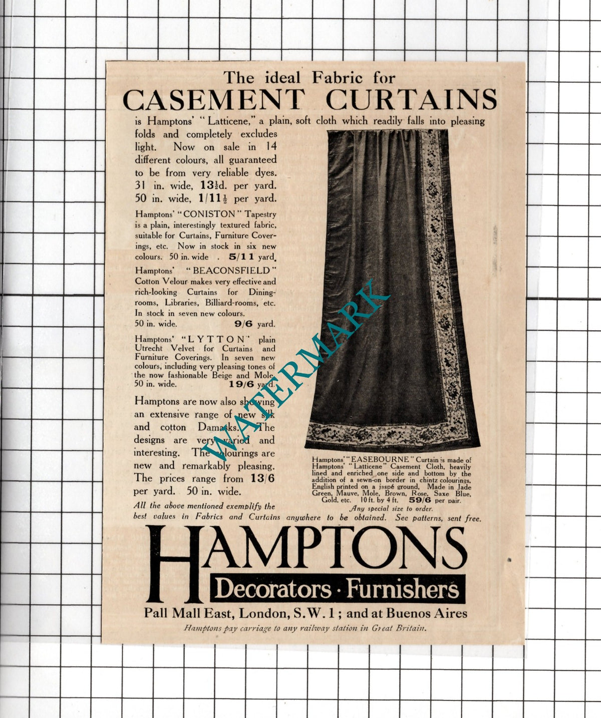 Hamptons Decorators Furnishers Pall Mall East London - 1918 Small Advert
