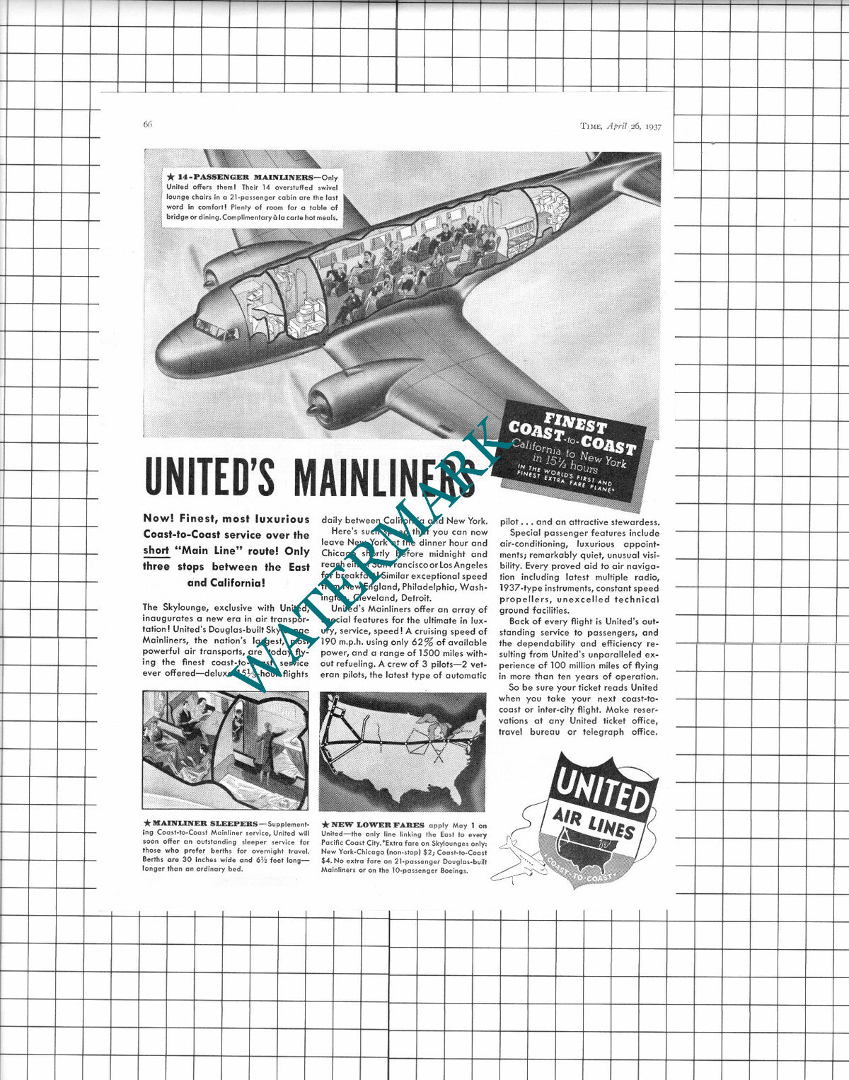 United Air Lines Skylounge - 1937 Advert