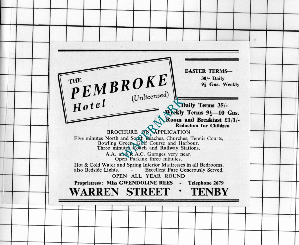 The Pembroke Hotel Tenby Miss Gwendoline Rees Small Advert - 1962 Cutting