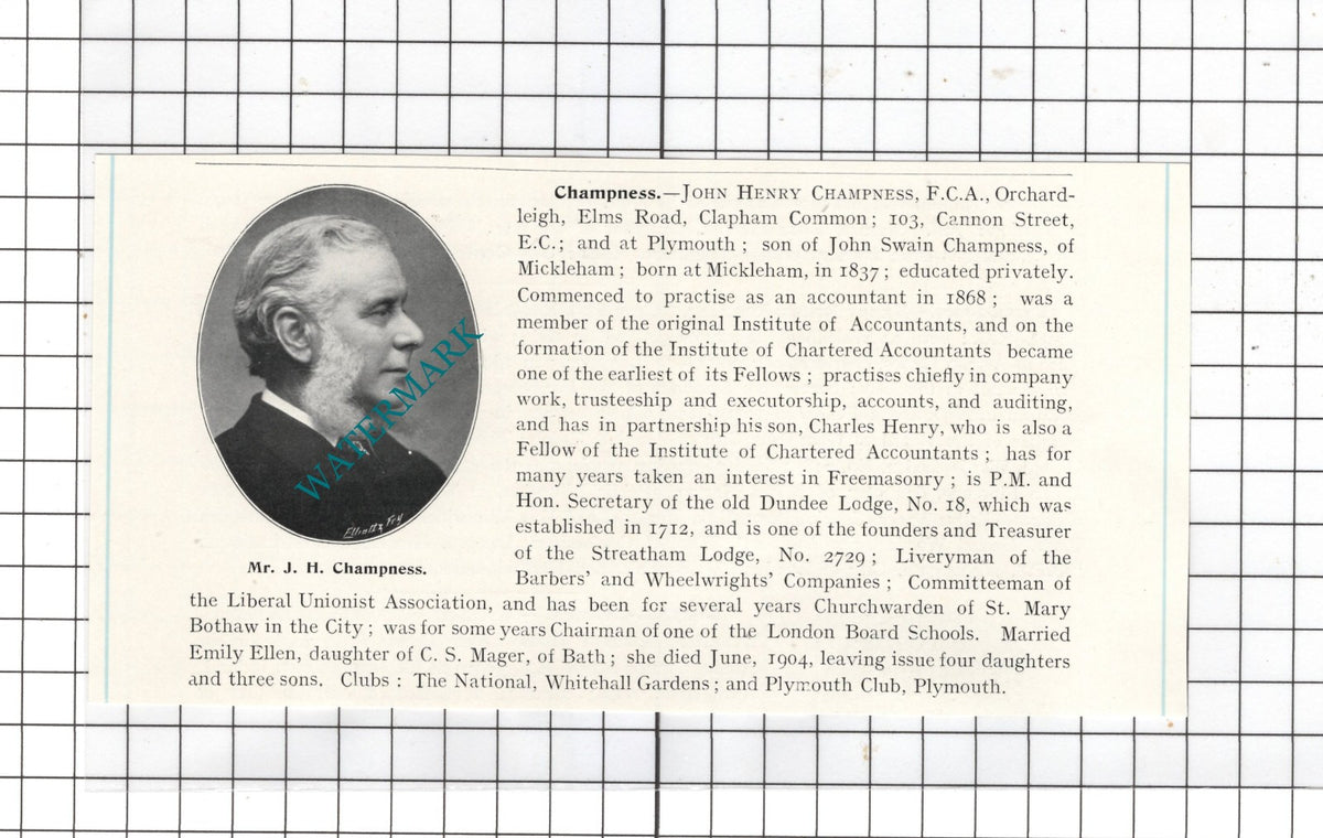 Mr John Henry Champness Orchardleigh Clapham Common London - c.1905 Clipping