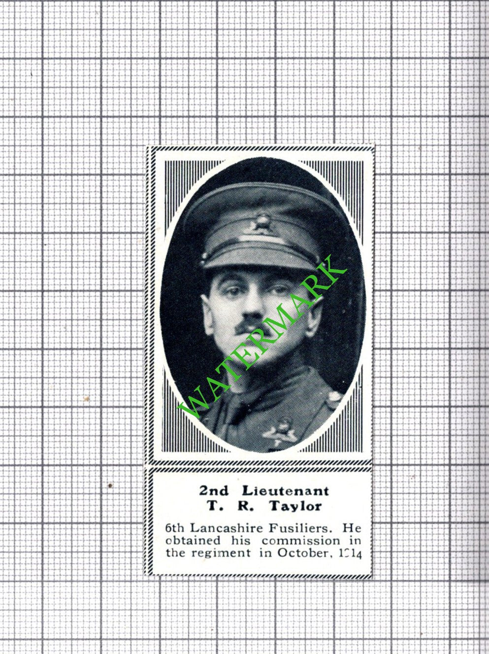 2nd Lt T R Taylor 6th Lancashire Fusiliers - c.1918 SMALL Cutting