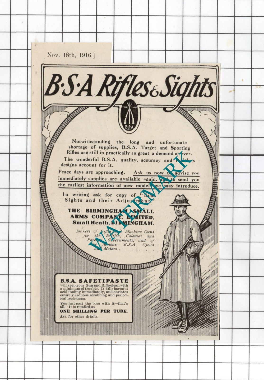 The Birmingham Small Arms Company Ltd World War One WW1 - 1916 Small Advert