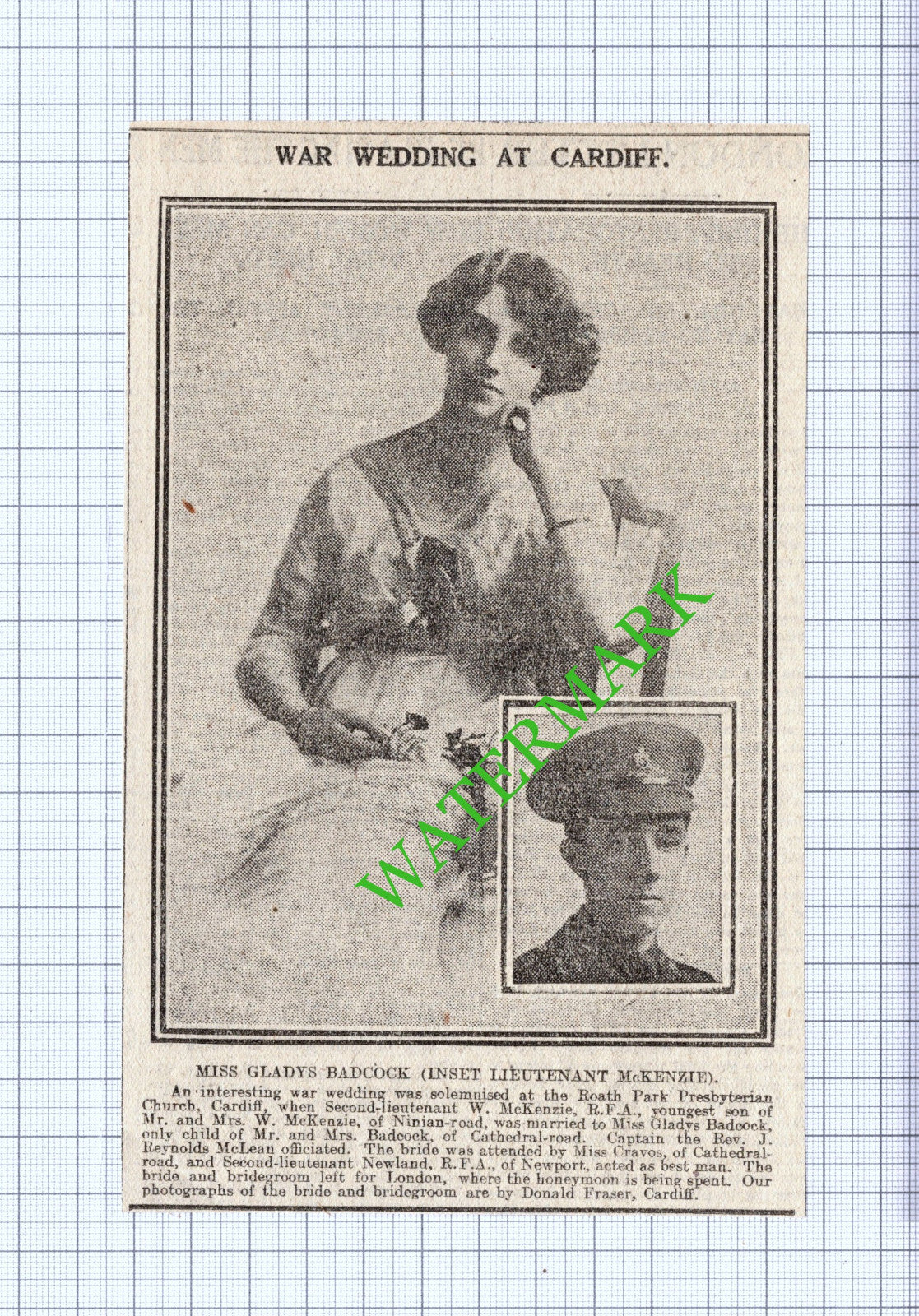 Miss Gladys Badcock Lt W McKenzie RFA Cardiff Roath Park Church - 1916 Cutting