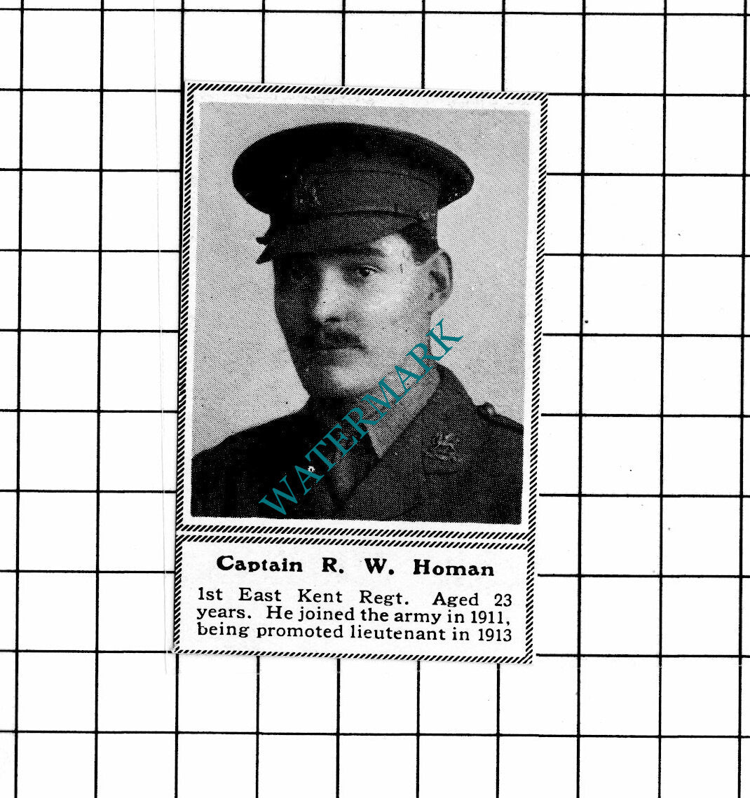 Captain R W Homan 1st East Kent Regt WW1 - c.1918 SMALL Clipping / Print