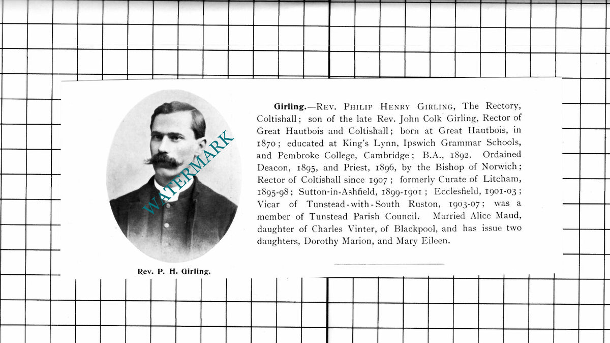 Rev Philip Henry Girling The Rectory Coltishall Norfolk - 1911 Clipping