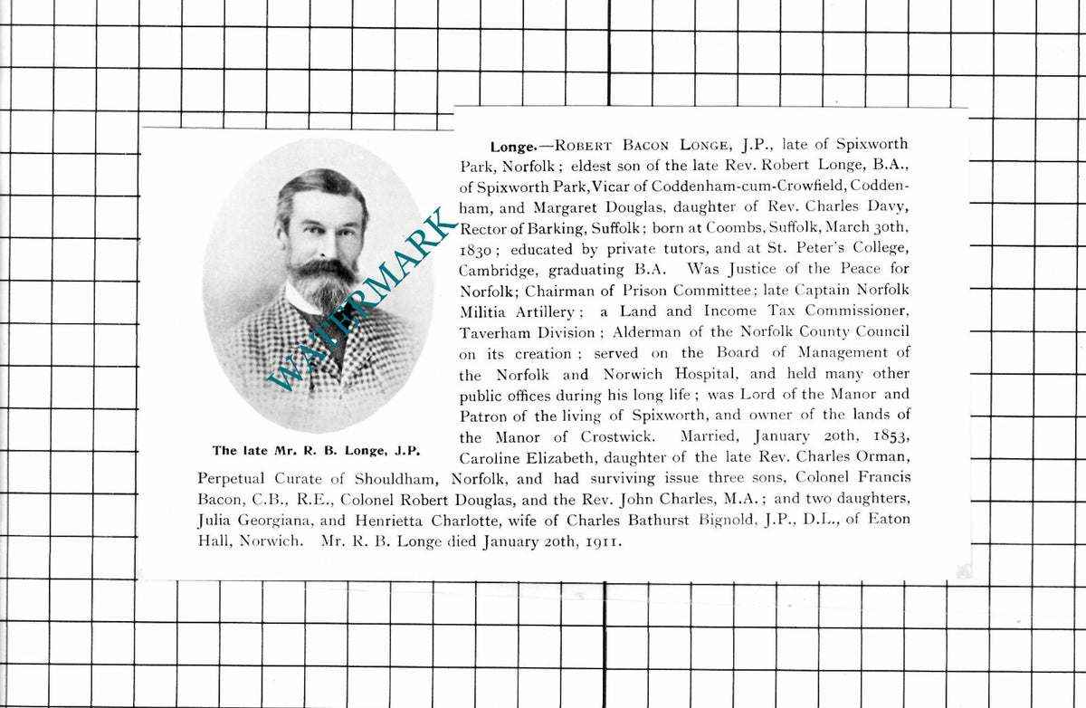 Robert Bacon Longe Spixworth Park Norfolk Obituary - 1911 Clipping