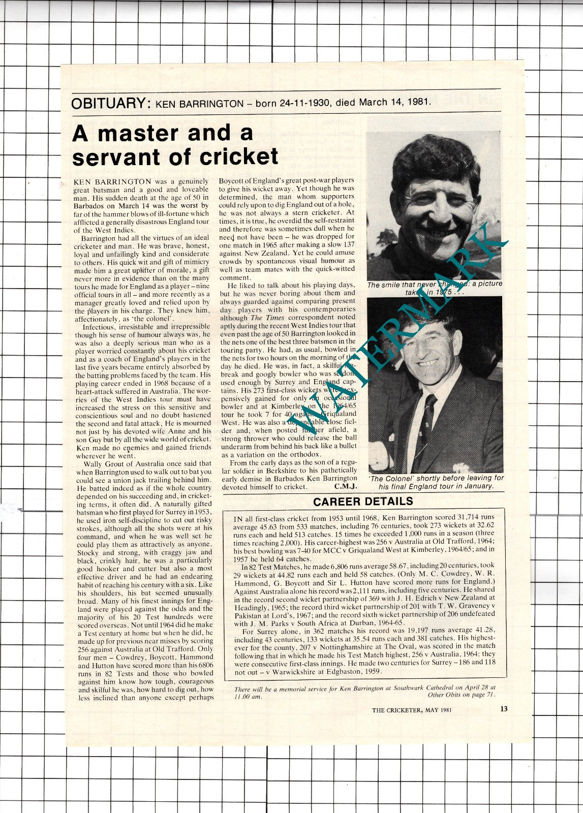 Ken Barrington Cricketer Obituary - 1981 Article