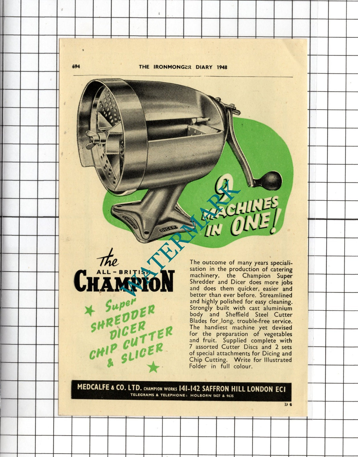 Spong's Mincers / Medcalfe & Co Ltd Champion Works London - 1948 Small Advert