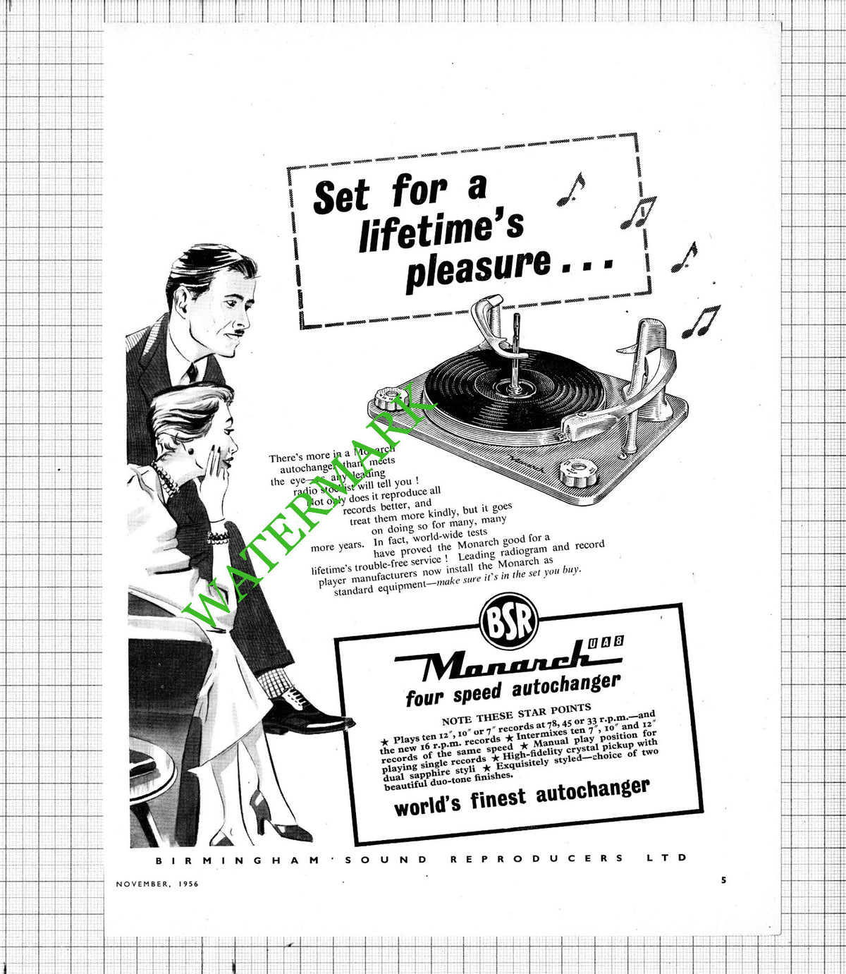 Birmingham Sound Reproductions BSR Monarch ADVERT - 1956 Cutting