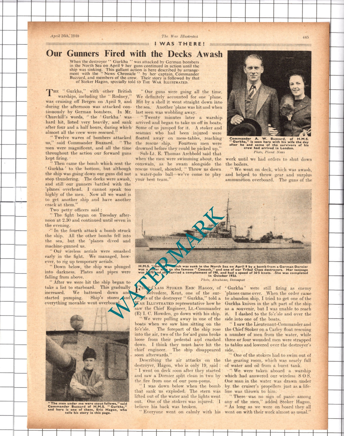 Eric Hagon HMS GURKHA Cmdr Buzzard World War Two WW2 - 1940 Clipping / Print