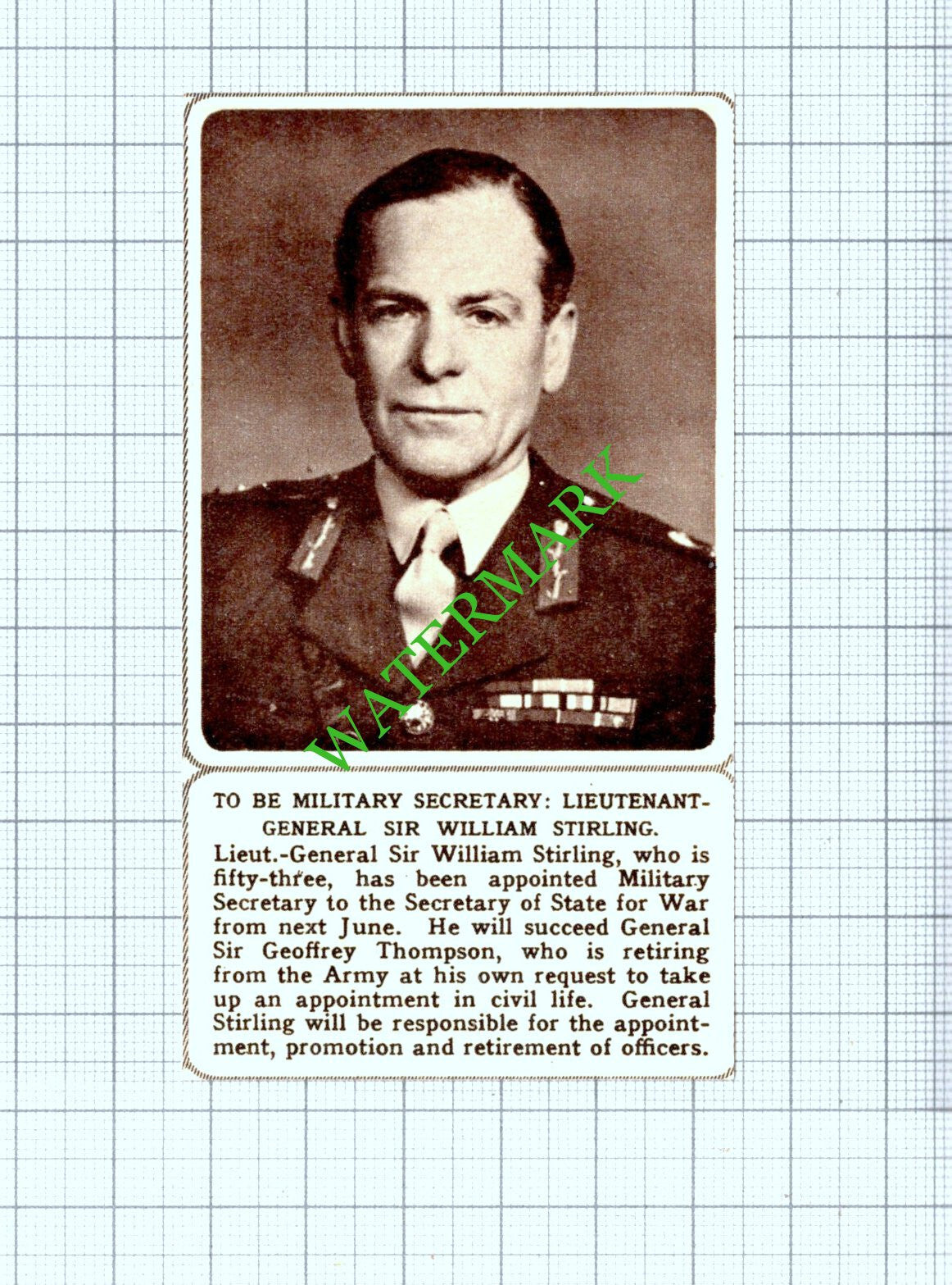Lt General Sir William Stirling - 1961 Cutting