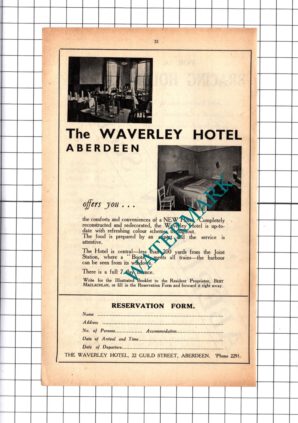 The Waverley Hotel Aberdeen Bert Maclachlan Advert - 1939 Cutting