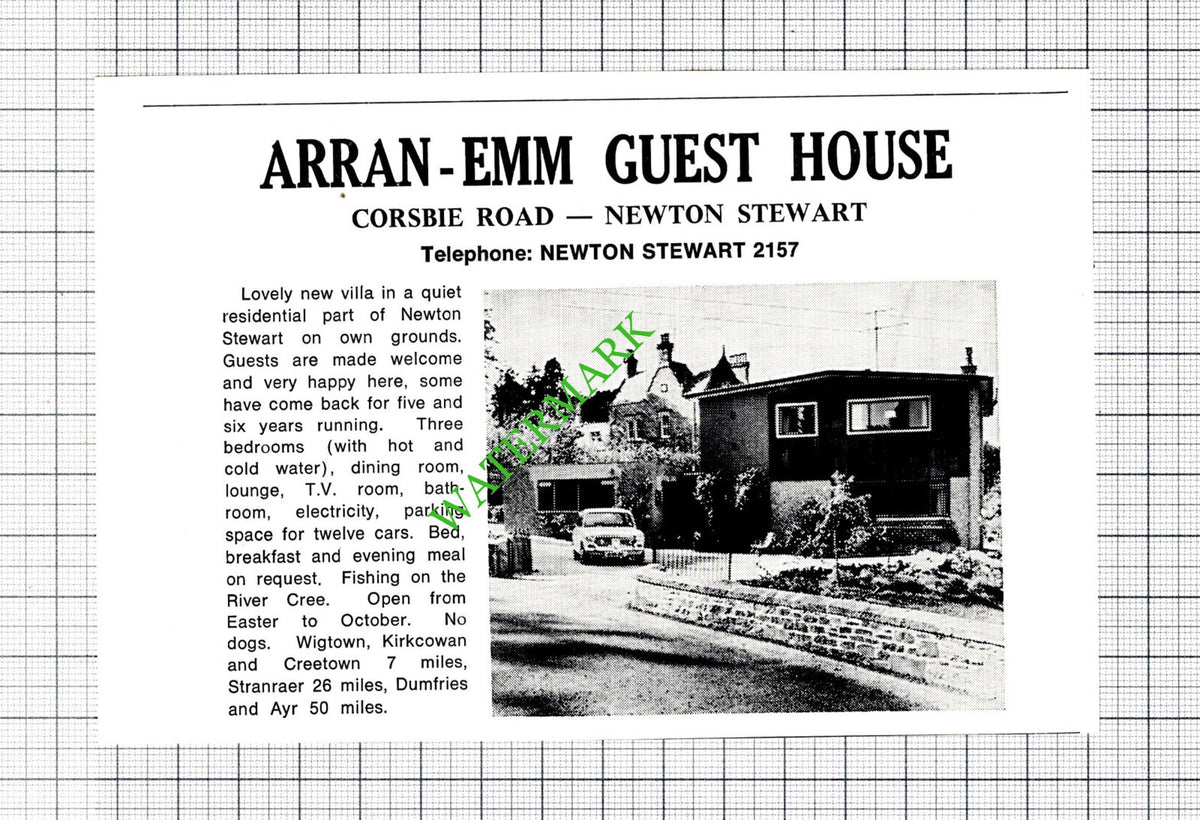 Arran-Emm Guest House Corsbie Road Newton Stewart Small Advert -c.1975 Cutting