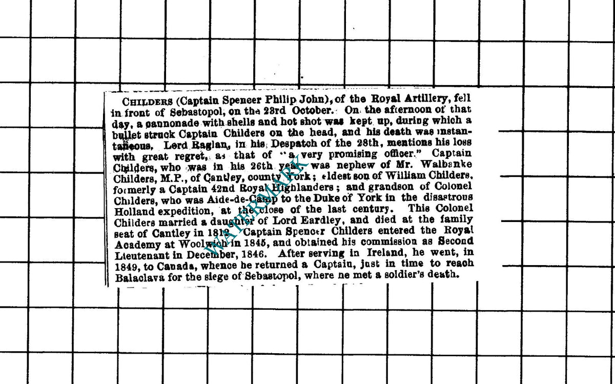 Cpt Spencer Philip John Childers Royal Artillery Obituary - 1854 SMALL Clipping