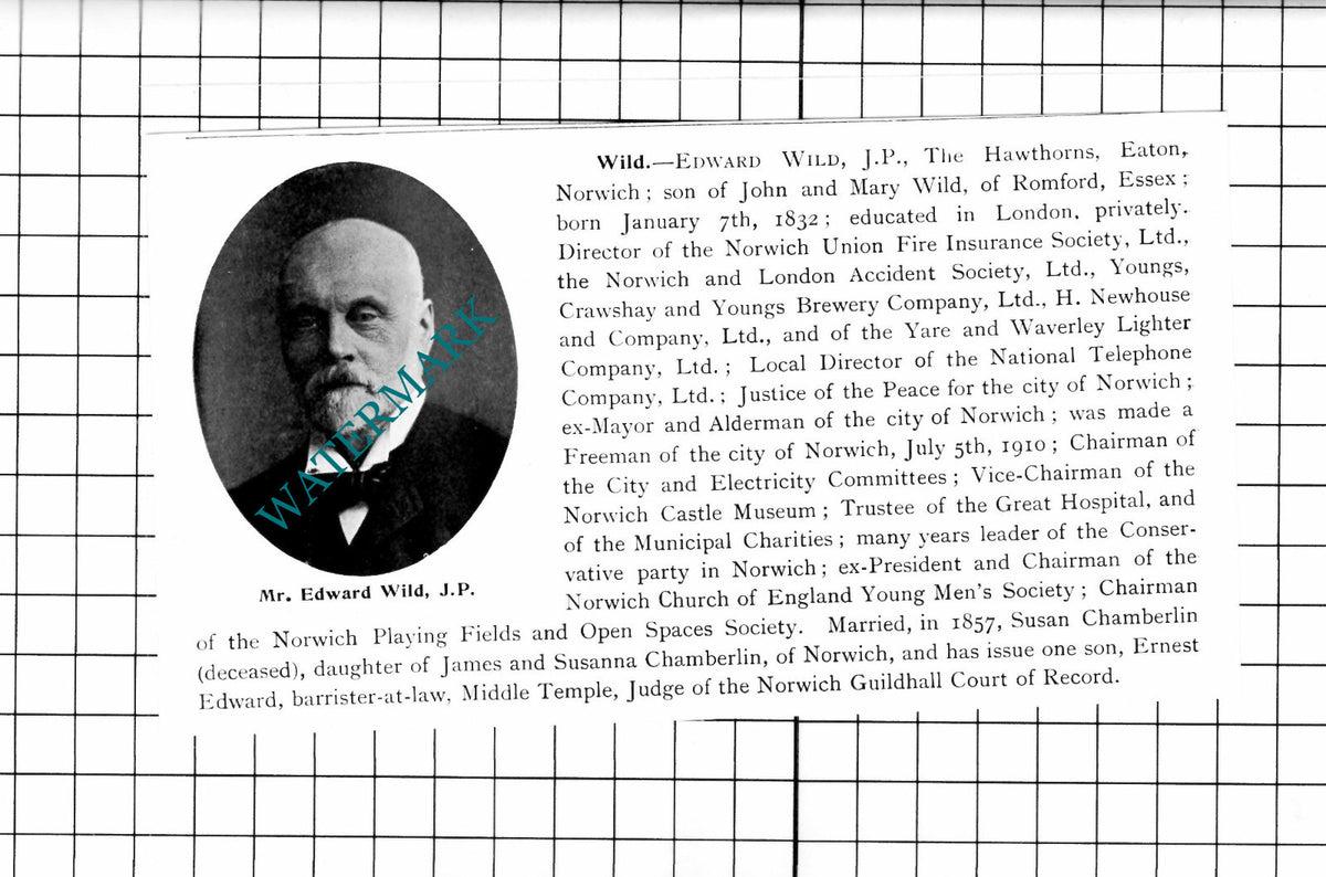 Mr Edward Wild The Hawthorns Eaton Norwich Norfolk - 1911 Clipping