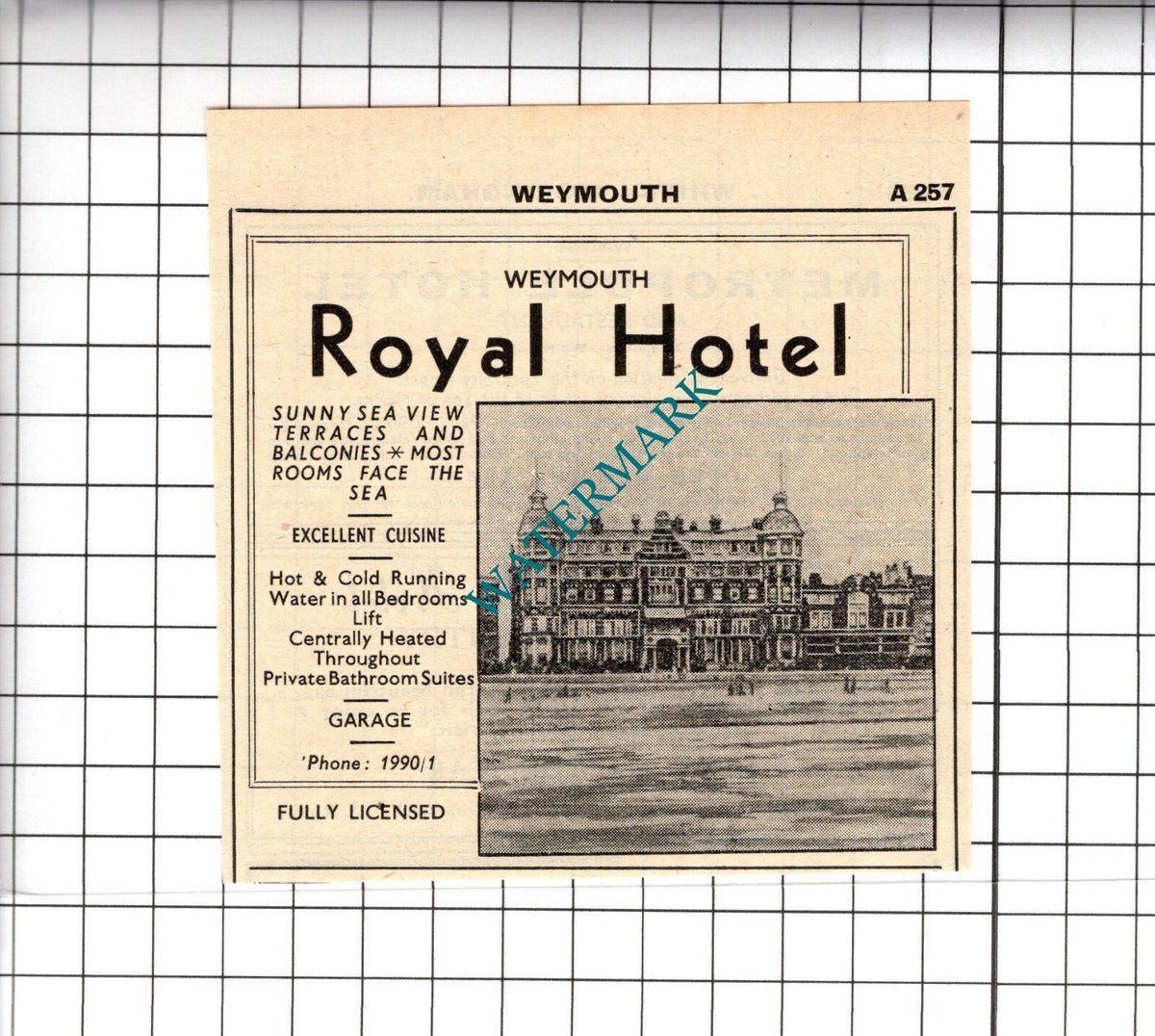 Royal Hotel Weymouth Small Advert - 1958 Cutting