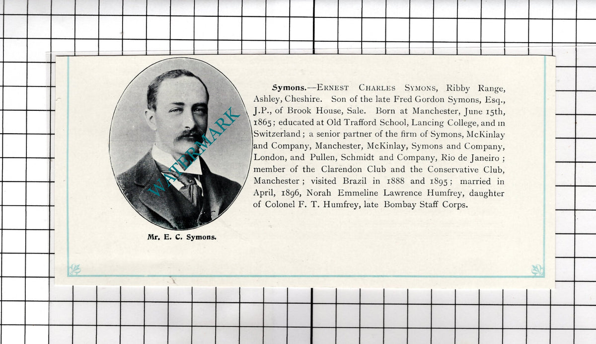Mr Ernest Charles Symons Ribby Range Ashley Cheshire - c.1900 Cutting