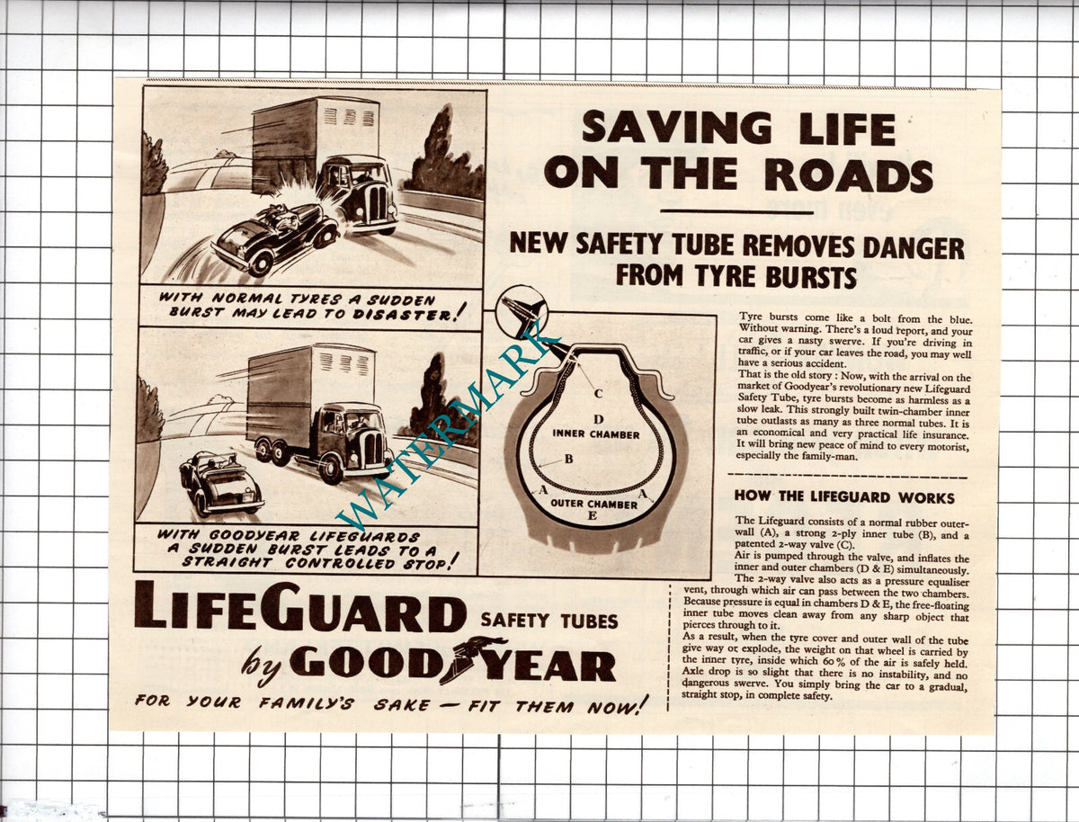 Lifeguard Safety Tubes Goodyear Tyres Advert - 1950 Cutting