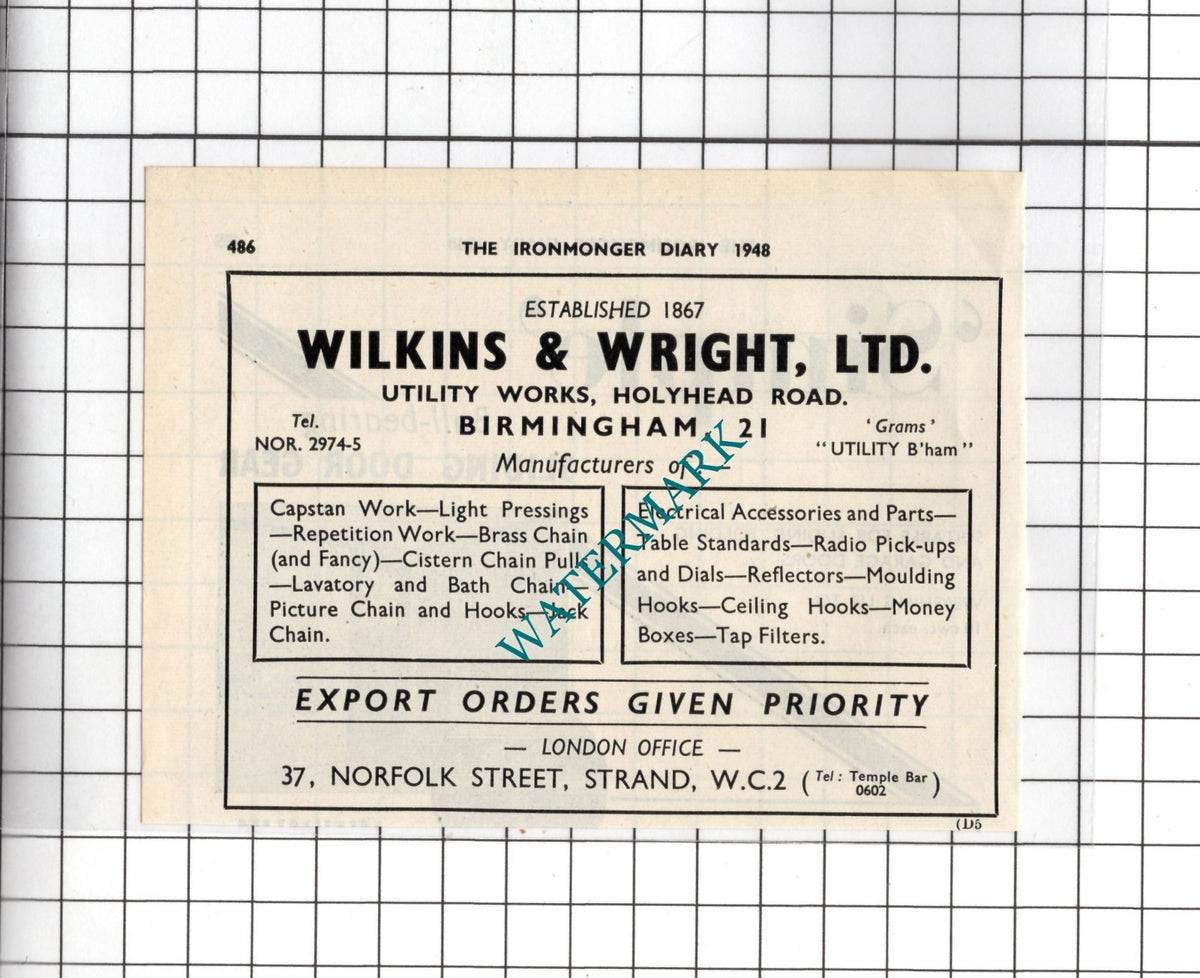 Wilkins & Wright Ltd Birmingham - 1948 Small Advert