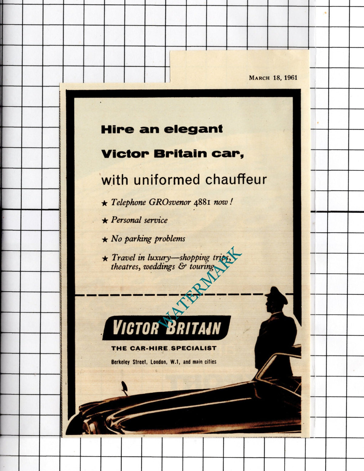 Victor Britain Car Hire Small Advert - 1961 Cutting