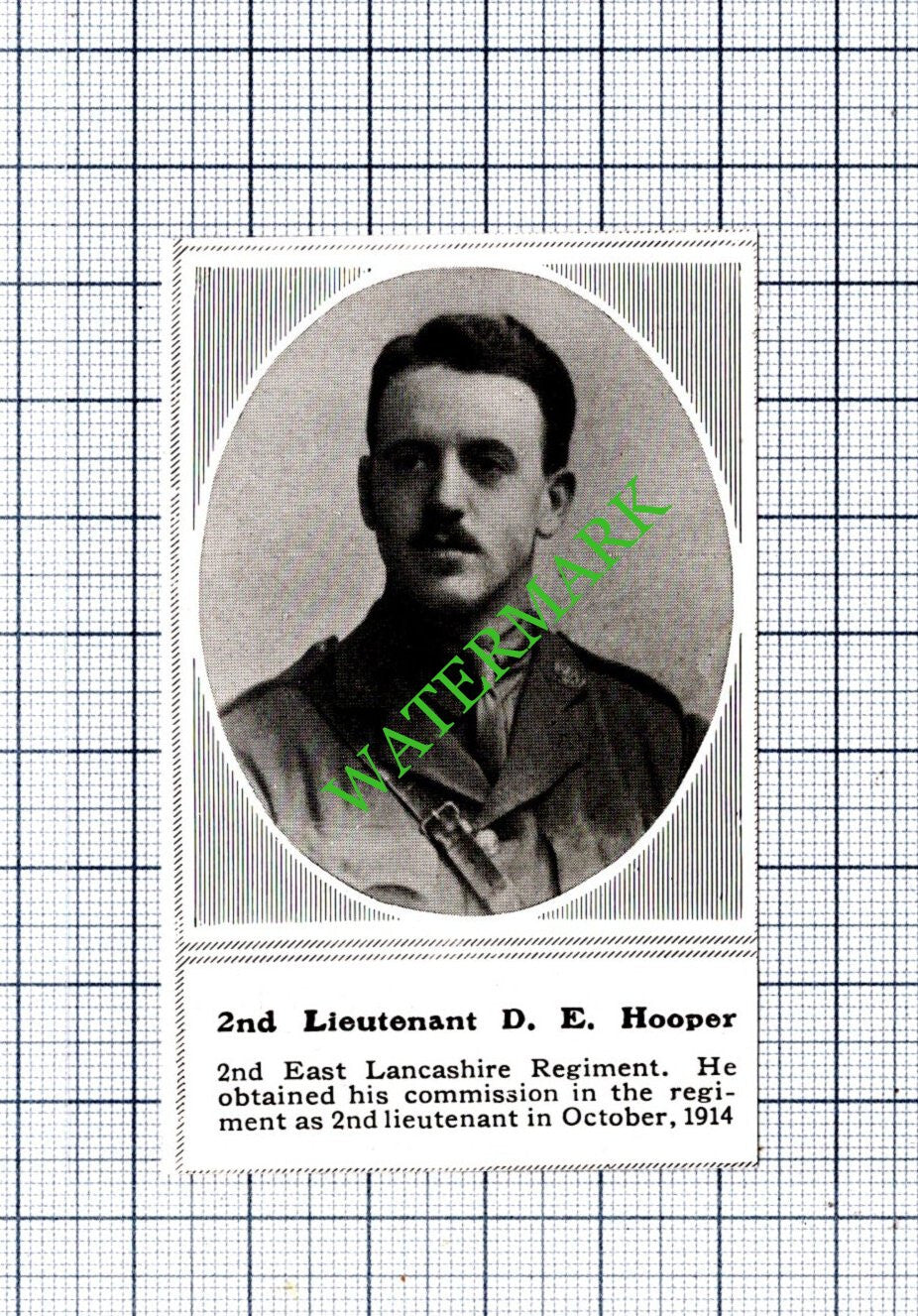 2nd Lt D E Hooper 2nd East Lancashire Regiment WW1 - 1915 SMALL Cutting