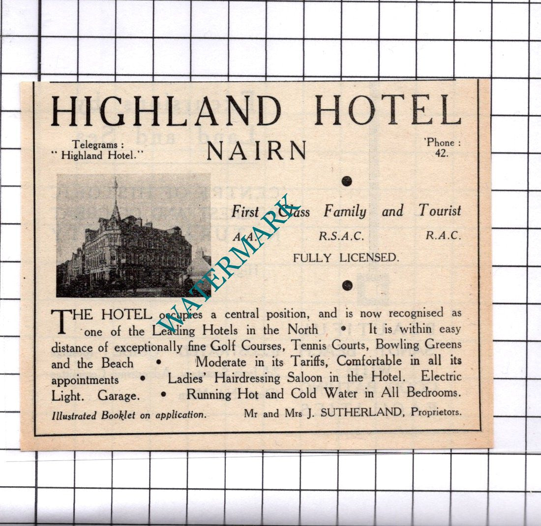 Highland Hotel Nairn Sutherland Small Advert - 1939 Cutting / Print