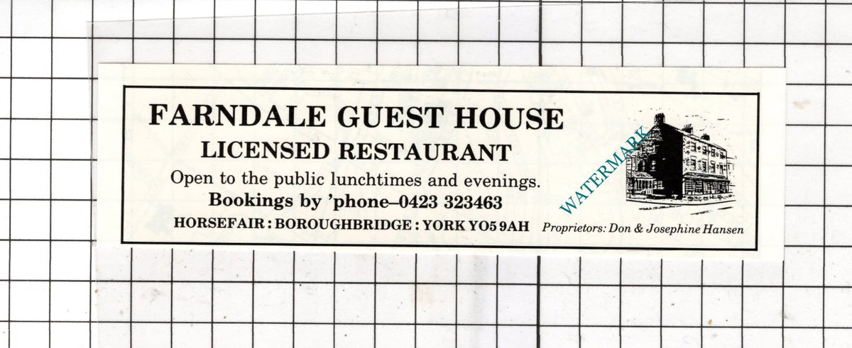 Farndale Guest House Horsefair Boroughbridge Don Hansen - c.1980 SMALL Advert